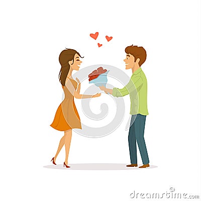 Romantic couple in love on a date, man surprises woman with flowers Vector Illustration