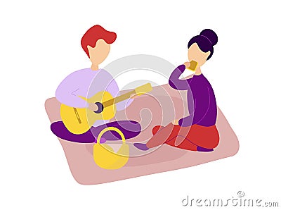 Romantic couple in love having picnic together Vector Illustration