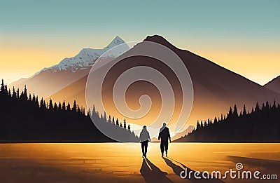 Valentine's Day Couple In Love On Hiking Adventure in the countryside. Lovers Concept Art. Generative AI Stock Photo