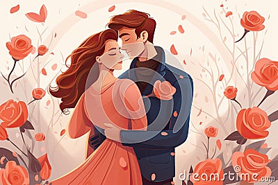 Romantic couple in love hugging and kissing on a background of flowers. Vector illustration, in love on valentine's Cartoon Illustration
