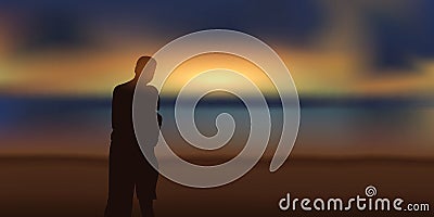 Romantic couple in love looking at magic sunset on the beach Vector Illustration