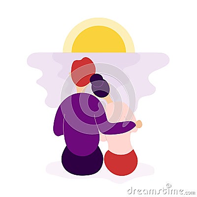 Romantic couple in love watching sunset together Vector Illustration