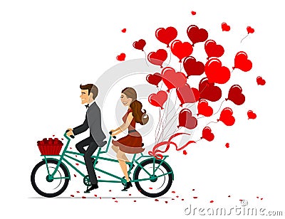 Romantic couple man and woman on a date driving bike with heart balloons. Cartoon Illustration