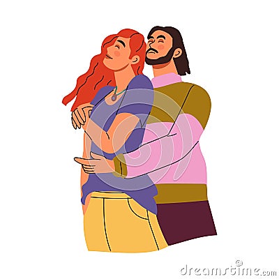 Romantic couple. Man and woman hugging. Happy female and male. Romance relationships. Girlfriend and boyfriend together Vector Illustration