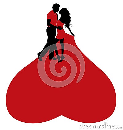 Romantic couple in red costumes and heart shape skirt. Vector Illustration