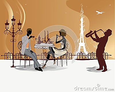 Romantic couple in the restaurant with a musician Vector Illustration