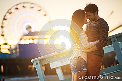 Romantic couple at santa monica sunset Stock Photo