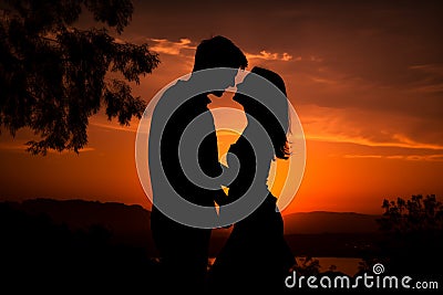 Romantic couple silhouette at sunset nearly tree. Generative AI Stock Photo