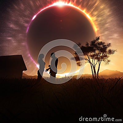 Romantic Couple On Solar Eclipse Stock Photo