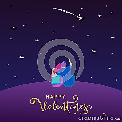 Romantic couple vector illustration for happy valentines day greeting design with night and stars Vector Illustration