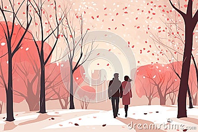 romantic couple walk in park on valentines day AI generated Cartoon Illustration