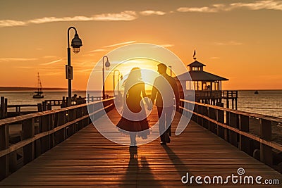 A romantic couple walking hand in hand on a pier at sunset, surrounded by vintage beach props and capturing the magic of summer Stock Photo