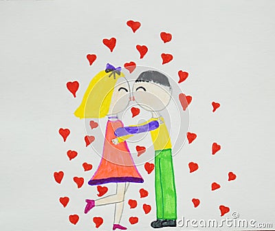 Romantic couples. Boy and girl in love hugging, cuddling and kissing. Children`s drawing. Hand drawn Stock Photo