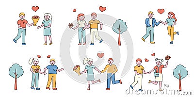 Romantic couples flat line people character Vector Illustration