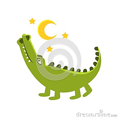 Romantic Crocodile Walking Under Night Sky, Cartoon Character And His Everyday Wild Animal Activity Illustration Vector Illustration