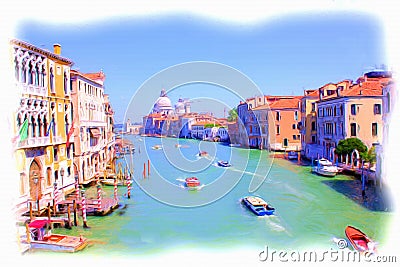 Romantic cruise along Venice Lagoon, painting illustration Cartoon Illustration