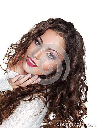 Romantic Curly Brunette Girl in White Warm Sweater - Elation Stock Photo