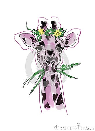Romantic cute pink giraffe with flowers on her head Stock Photo