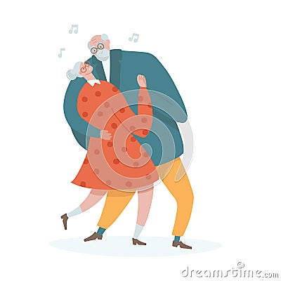 Romantic dance of senior couple. Flat Cartoon elderly couple dancing to music. Funny grandmother and grandfather on Vector Illustration