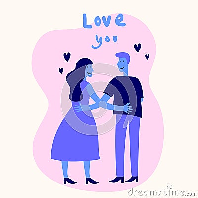 Romantic dating couples flat cartoon icons. Standing young man and woman in love while holding hand each other Vector Illustration