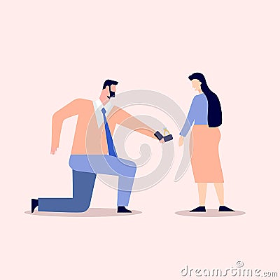 Romantic declaration of love illustration. Male character stands one knee and holds out wedding ring. Vector Illustration