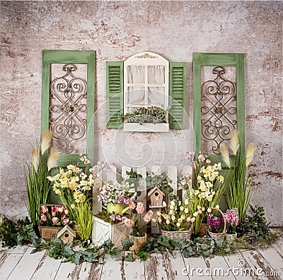 Spring Romantic decorations with greenery and yellow flowers, romantic mood Stock Photo