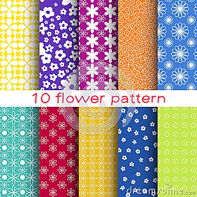 10 Romantic different flower vector seamless patterns. Vector Illustration