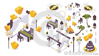 Romantic dinner for couple isometric set. Palms, table, chairs, candles and more. Good for beach evening party Stock Photo