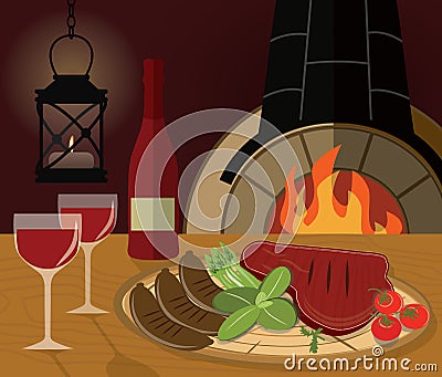 Romantic dinner with a grilled steak, vegetables Vector Illustration