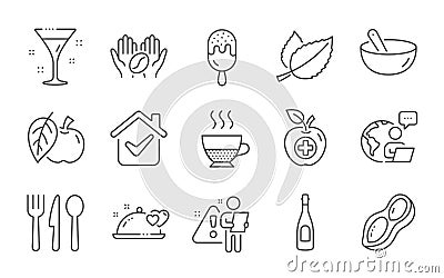 Romantic dinner, Ice cream and Food icons set. Medical food, Apple and Cocktail signs. Vector Vector Illustration