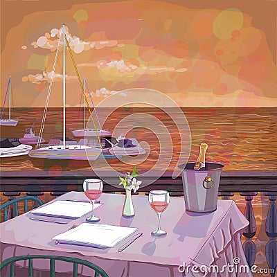 Romantic dinner on the sea beach with wine, illustration of a restaurant table Vector Illustration