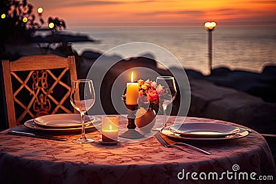 Romantic dinner setting on the beach at sunset. Toned, AI Generated Stock Photo
