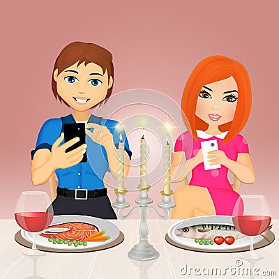 Romantic dinner with smartphone Cartoon Illustration