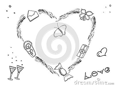 Romantic dudling set. Love, Family, wedding, engagement, Valentine`s Day, baby birth. Set of illustrations for Vector Illustration