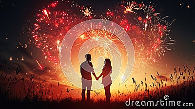 Romantic duo with hands clasped under spectacular heart-shaped fireworks, Ai Generated Stock Photo