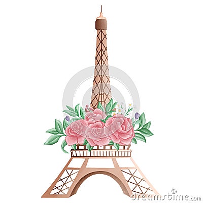 Romantic Eifffel Tower Watercolor Clipart. Paris In Love with pink pastel Eiffel Tower with roses flowers for romantic design Cartoon Illustration
