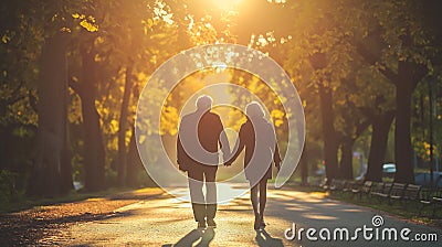 Romantic elder couple taking a walk through the park while holding hands Stock Photo