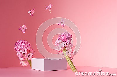 Romantic elegance white square podium with levitate spring hyacinth flowers as arch in sunlight on soft light pastel pink. Stock Photo