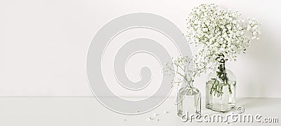 Romantic elegant bouquets white flowers on table wall background. Copy space. Banner format Stock Photo