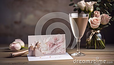 Romantic and elegant design with a floral illustration and a champagne glass accessory Cartoon Illustration