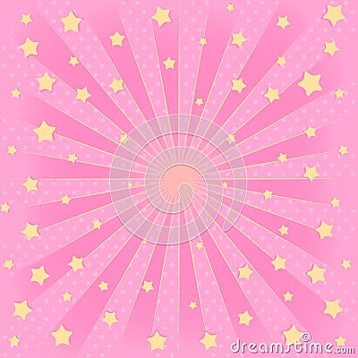 Pink background with sunbeams, flying star in air. Vector Illustration