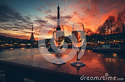 romantic escape in Paris, new year eve wine in the evening, glasses of champagne on Christmas background, glass wine at sunset Stock Photo