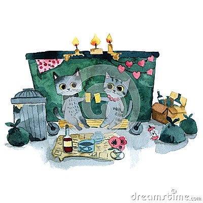 Two gray cats romantic date Cartoon Illustration