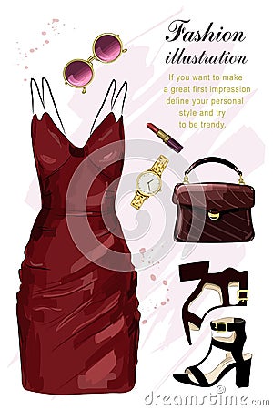 Romantic evening clothing set. Fashion clothes set with dress, shoes, hand bag, lipstick, sunglasses, watch. Sketch. Vector Illustration