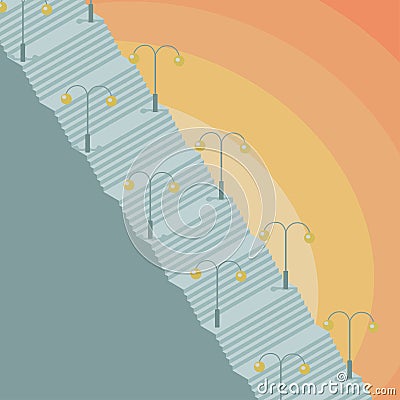 Outdoors grey stairs with bulb lanterns Vector Illustration