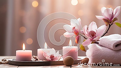 luxury spa with pool ,candles,magnolia flowers in cozy massage salon Stock Photo