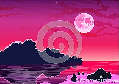 Romantic evening seascape with moon Vector Illustration