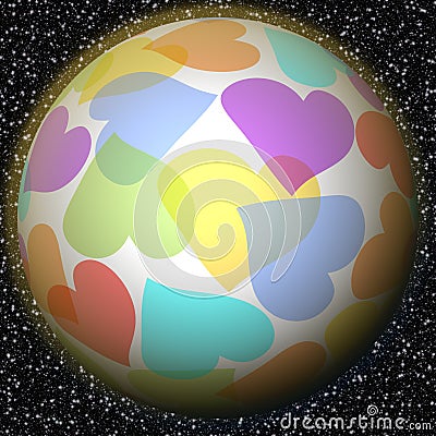 Romantic fantasy planet with rainbow heart motif on background with galaxy stars. Symbol of peace, love, happiness, luck Stock Photo