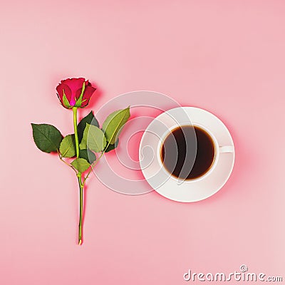 Romantic flat lay with a hot beverage and a red rose Stock Photo