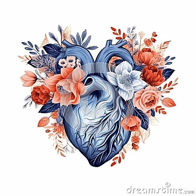 Romantic Floral Anatomy Heart for Greeting Cards, generative AI Stock Photo